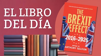 Texto "EL LIBRO DEL DÍA", una pila de libros multicolor a la izquierda, otra pila de libros a la derecha y la portada de un libro sobre Brexit.