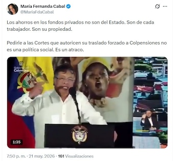 María Fernanda Cabal rechazó la propuesta del Gobierno y aseguró que los ahorros de los fondos privados pertenecen a los trabajadores - crédito @MariaFdaCabal/X