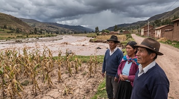 Dos hombres y una mujer con sombreros observan un campo de maíz seco y agrietado junto a un río crecido; al fondo, casas, un camino y montañas bajo cielo nublado.