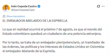 Mensaje de Iván Cepeda contra el presidente electo, Abelardo de la Espriella - crédito @IvanCepedaCast/X