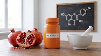Tres granadas, una cortada, junto a un envase naranja de Urolitina A y un mortero con maza en una mesa de madera. Una fórmula química en pizarra de fondo.