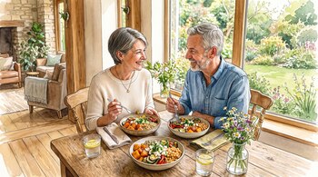 Dos personas mayores, un hombre y una mujer, sentadas a una mesa de madera comiendo de cuencos. Hay vasos con agua y flores en un jarrón.