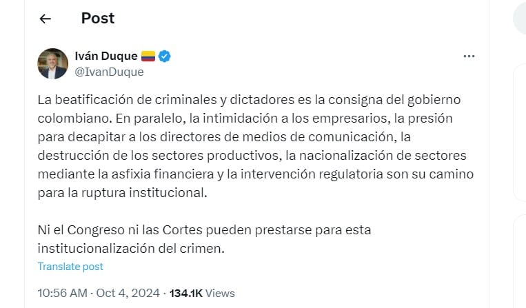 Iván Duque  criticó el encuentro entre el presidente Gustavo Petro y Salvatore Mancuso - crédito @IvanDuque