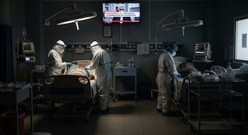 Tres profesionales de la salud con trajes de protección atienden a dos pacientes en camas de hospital, con equipo médico y una pantalla de TV con noticias.