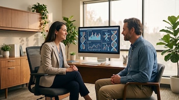 Dos personas en un consultorio, una mujer y un hombre, frente a un monitor con gráficos de ADN, sentados uno frente al otro en sillas de oficina.