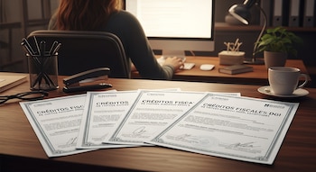 Cuatro certificados de créditos fiscales DGI sobre un escritorio de madera, con gafas, portalápices, engrapadora y una persona trabajando en un ordenador al fondo.