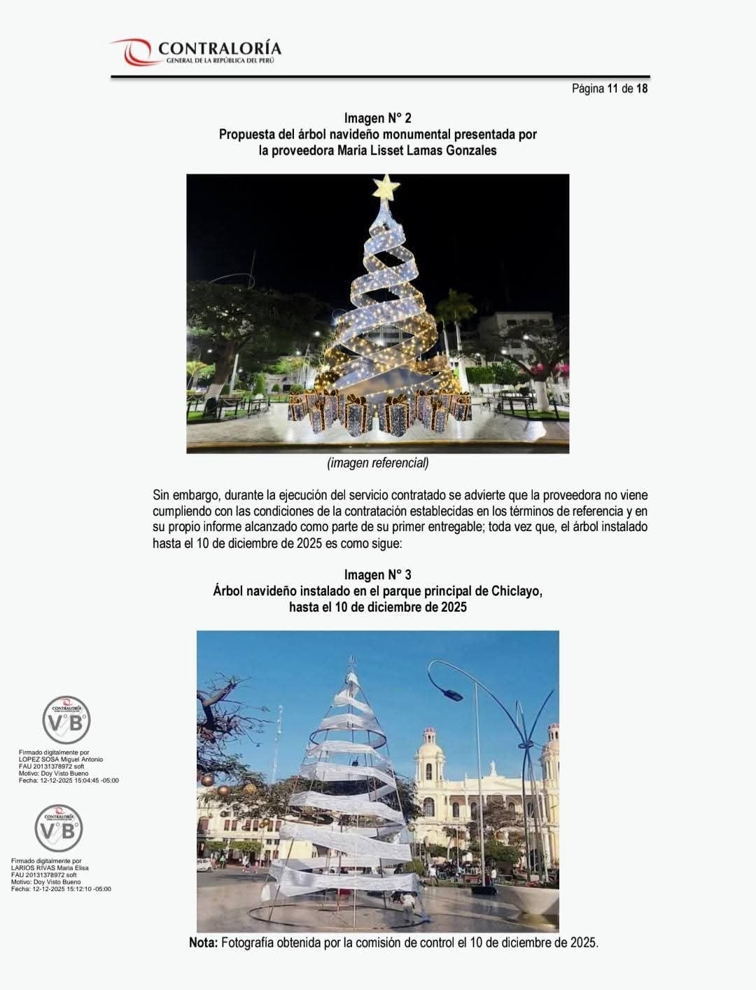 El árbol navideño instalado no coincidía con el diseño propuesto por la contratista ni cumplía los estándares establecidos en el contrato. Fuente: Facebook / Victor Cajo