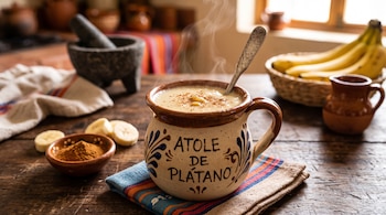 Taza de barro con las palabras atole de plátano, una cuchara, rodajas de plátano, canela en polvo y un molcajete sobre madera.