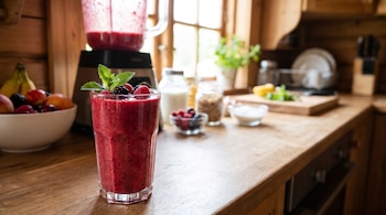 Un vaso con licuado rojo decorado con moras y menta sobre una encimera de madera frente a una licuadora y varios cuencos de fruta.