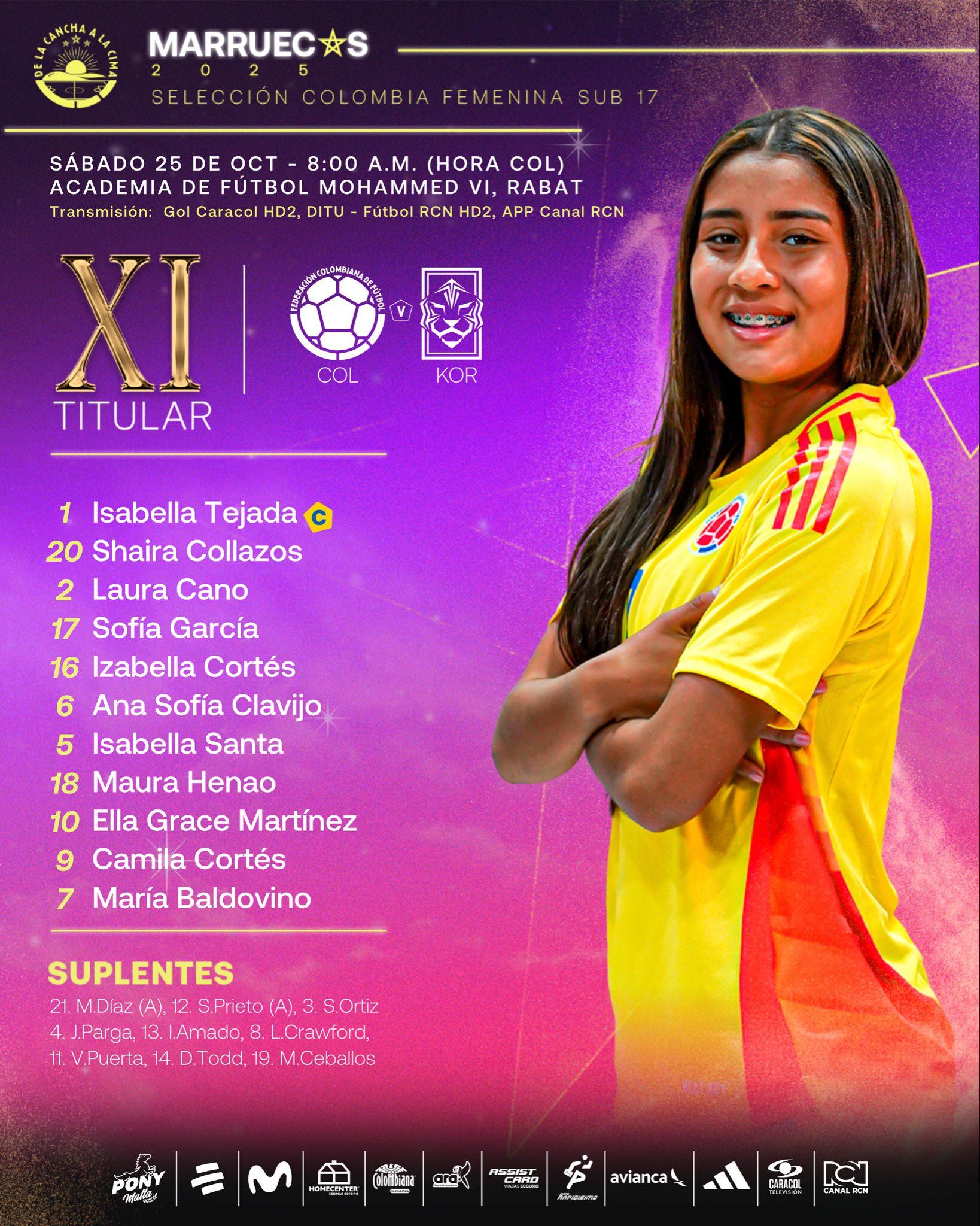 Selección Colombia Sub 17 formación titular - crédito @FCFSeleccionCol/X