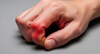 Primer plano de una mano humana sobre una superficie gris, con un dedo mostrando una zona rojiza e hinchada en la articulación.