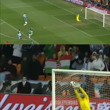 Óscar Pérez detuvo un disparo de Messi al minuto 90 los octavos de final de Sudáfrica 2010, evitando que anotara en ese Mundial. (X/ @MartinoliCuri)