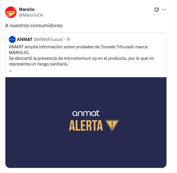 Marolio publicó en su cuenta de X el comunicado de la ANMAT