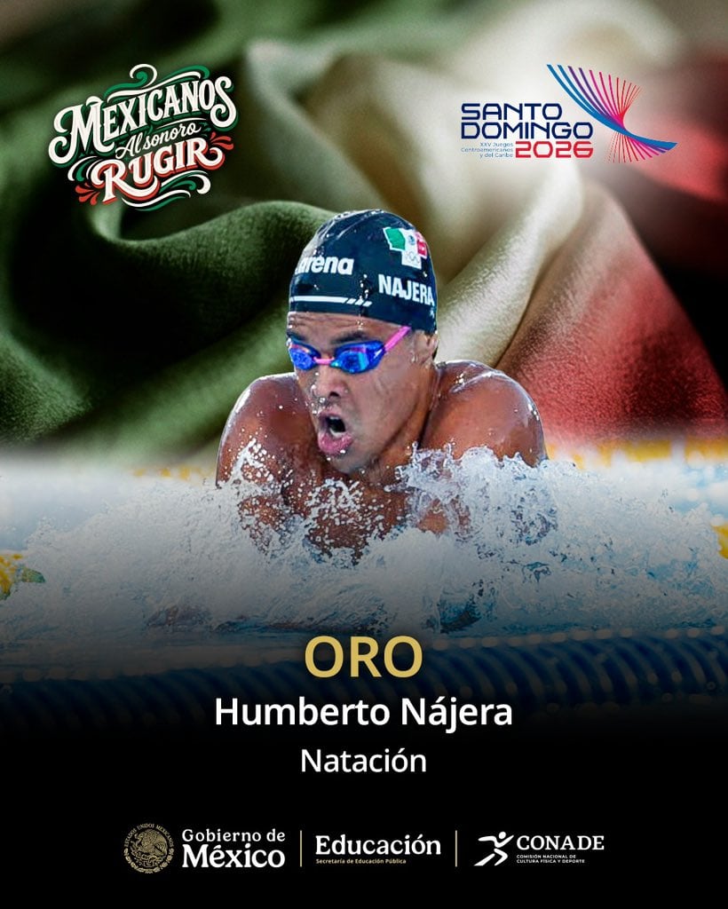 Humberto Nájera, nadador mexicano, consigue medalla de oro en la competición de natación de los XXV Juegos Centroamericanos y del Caribe Santo Domingo 2026, con el auspicio del Gobierno de México y CONADE. (X / CONADE )