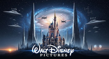 Una imagen combinada muestra el Castillo de Cenicienta de Disney entre torres futuristas, con naves de Star Wars y una galaxia espiral. El logo "Walt Disney Pictures" aparece abajo.