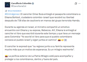 Mensaje de la Cancillería sobre liberación de Elkana Bohbot - crédito @CancilleríaCol/X