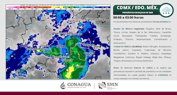 Mapa meteorológico con pronóstico de lluvia en Ciudad de México y Estado de México, mostrando zonas de precipitación y listado de alcaldías. Logos CONAGUA y SMN