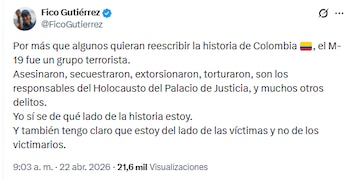 El alcalde de Medellín sostuvo que siempre estará del lado de las víctimas de atentados, secuestros y ataques perpetrados por la extinta guerrilla - crédito @FicoGutierrez/X