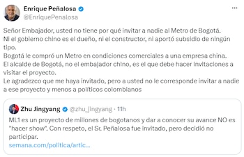 El exalcalde sostuvo que corresponde al alcalde de Bogotá convocar las visitas al proyecto y no al embajador chino. - crédito @EnriquePenalosa/X