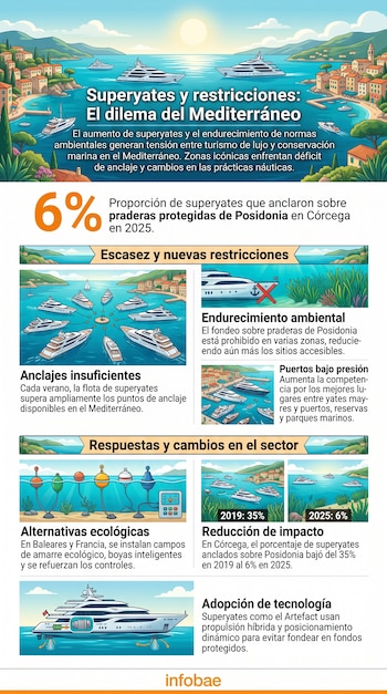 Infografía explicativa sobre superyates que incluye ilustraciones de embarcaciones, boyas, vegetación marina y cifras porcentuales.