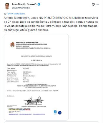 Juan Martín Bravo, concejal de Cali, demostró que Alfredo Mondragón tampoco prestó el servicio militar - crédito @juanmartinbc/X