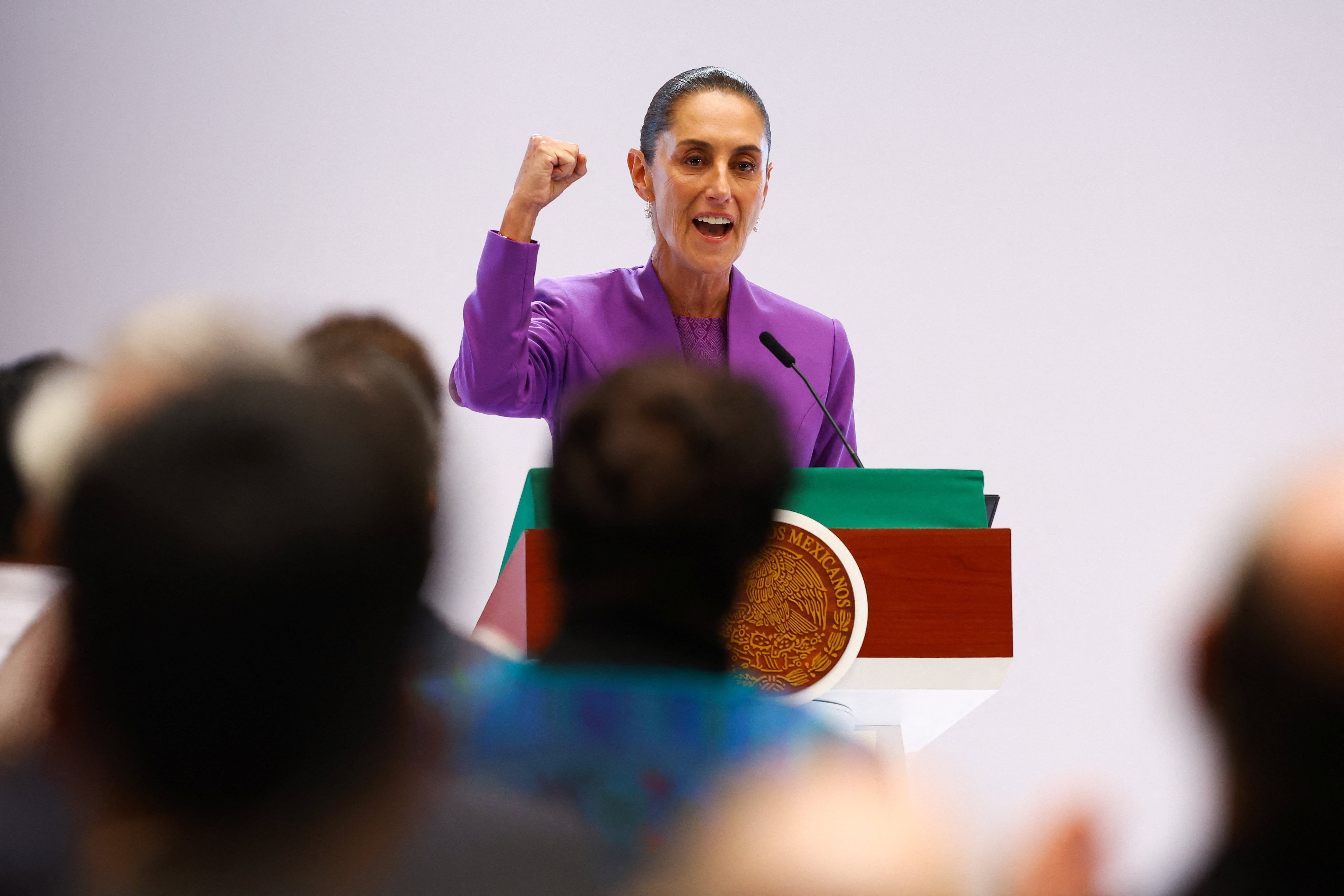 Mexico's President Claudia Sheinbaum delivers a speech marking her second year in office, in Mexico City, Mexico, September 1, 2026. REUTERS/Daniel Becerril