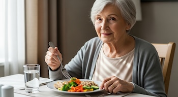 Mujer mayor de cabello gris sentada en una mesa, sonriendo mientras sostiene un tenedor y un cuchillo frente a un plato con pollo, brócoli, zanahorias y quinoa.
