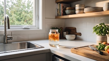 Un frasco con cebolla en agua, una tabla de madera con un cuchillo, verduras y una maceta con plantas sobre el mostrador de una cocina.