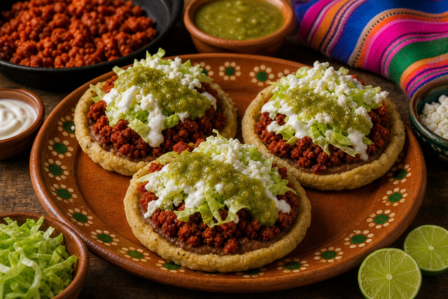 Tres sopes con longaniza, lechuga, queso y salsa verde reposan sobre un plato de barro de la gastronomía mexicana. (Imagen Ilustrativa Infobae)