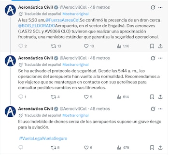 La Aeronáutica Civil confirmó la presencia de un drone en la localidad de Engativa, en inmedicaiones a la - crédito Captura de pantalla Aeronautica Civil