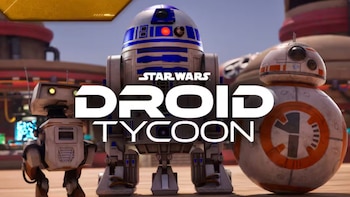 Imagen de los droides de Star Wars R2-D2, BB-8 y otro droide blanco y naranja. Al centro, el texto blanco "STAR WARS DROID TYCOON"