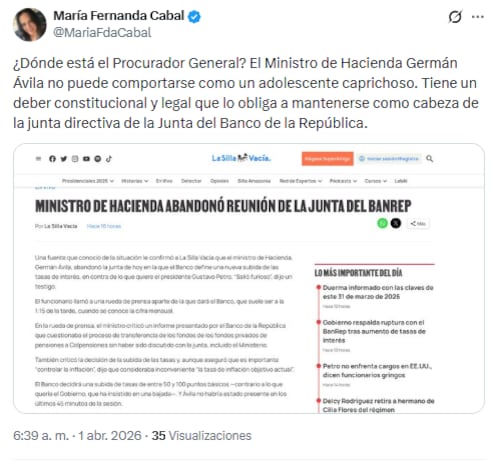 La senadora por el Centro Democrático instó a las autoridades a investigar al ministro de Hacienda, Germán Ávila - crédito @MariaFdaCabal/X