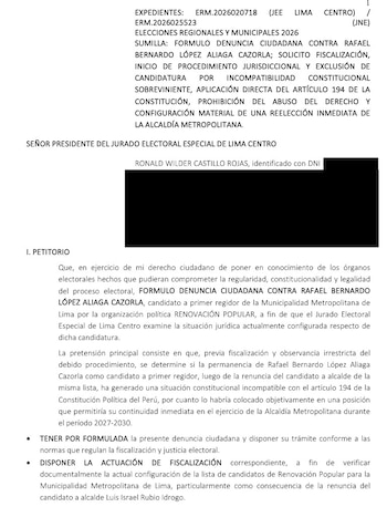 Página de un documento oficial que incluye un encabezado sobre elecciones en Perú, un petitorio legal y datos rectangulares tachados en negro