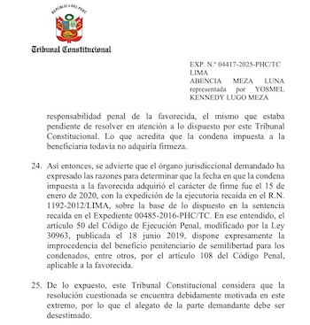 TC rechaza demanda de Abencia Meza para que se le conceda la semilibertad.