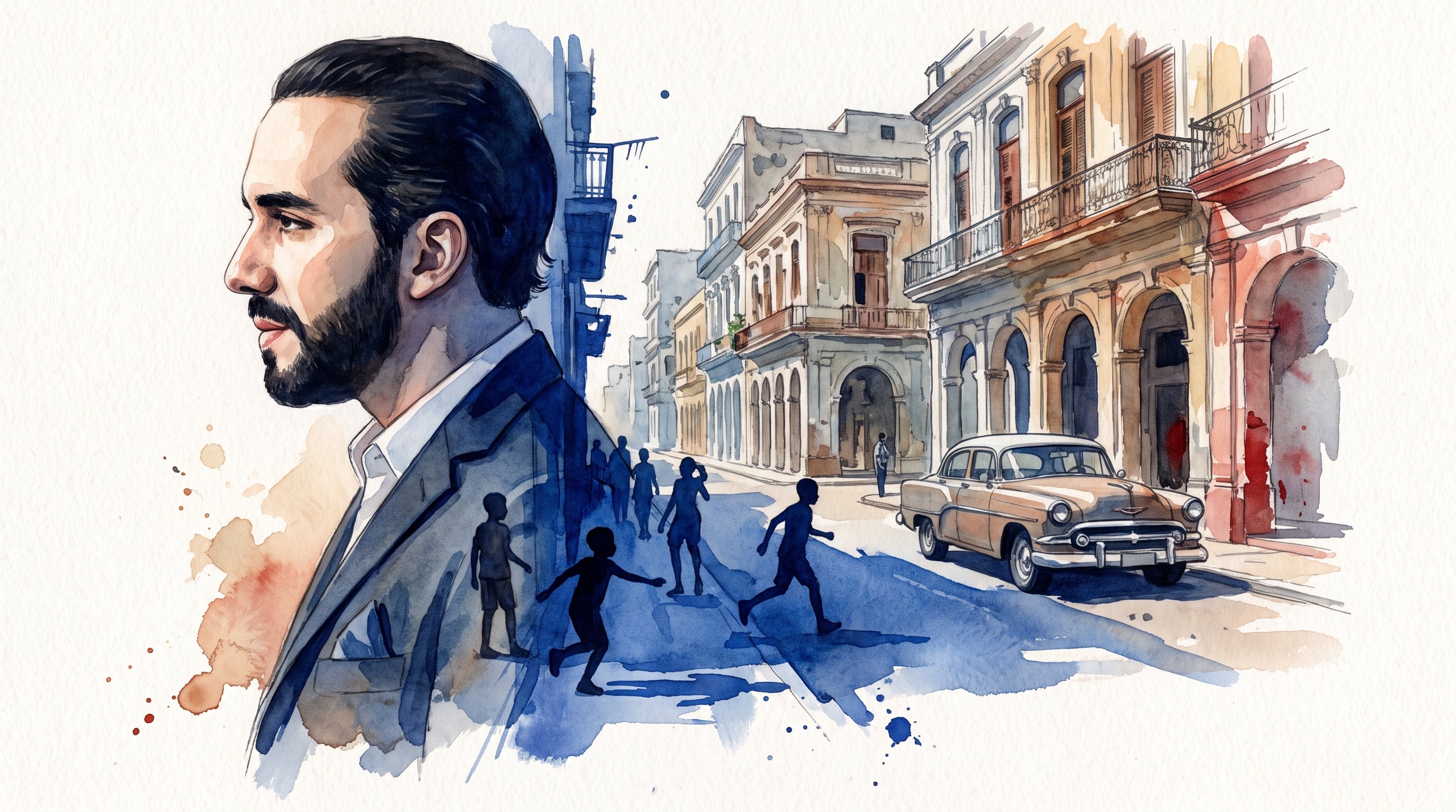 El perfil de Nayib Bukele se proyecta sobre una calle de La Habana caracterizada por edificaciones coloniales, siluetas humanas y un automóvil clásico. (Imagen Ilustrativa Infobae)