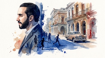 Perfil de un hombre con barba y traje junto a una calle con arquitectura colonial, un vehículo antiguo y sombras de transeúntes en acuarela.