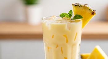 Primer plano de un vaso alto con agua de piña cremosa, hielo y trozos de piña, adornado con una rodaja de piña y hojas de menta fresca.