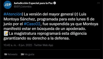A través de su cuenta de Twitter, la JEP anunció que quedó aplazada la versión del mayor general retirado del Ejército, Luis Felipe Sánchez, por presuntas ejecuciones extrajudiciales en Nariño.
FOTO: vía Twitter (@JEP_Colombia)