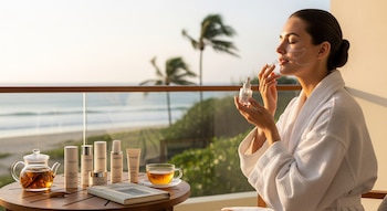 Una mujer en bata blanca aplica un sérum facial en un balcón frente al mar, con productos de skincare, té y un libro en la mesa de madera.