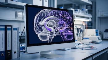 Monitor de computadora con una ilustración tridimensional del cerebro y el hipocampo sobre un escritorio de laboratorio con carpetas.