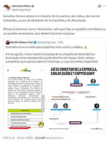 Petro comparó a Colombia con Venezuela tras la polémica llegada de Carlos Suárez a la junta directiva de Ecopetrol - crédito @petrogustavo/X