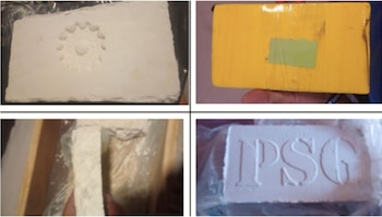 Cuatro imágenes de bloques de estupefacientes: dos paneles blancos con marcas (un sol y letras "PSG"), uno blanco envuelto y otro amarillo
