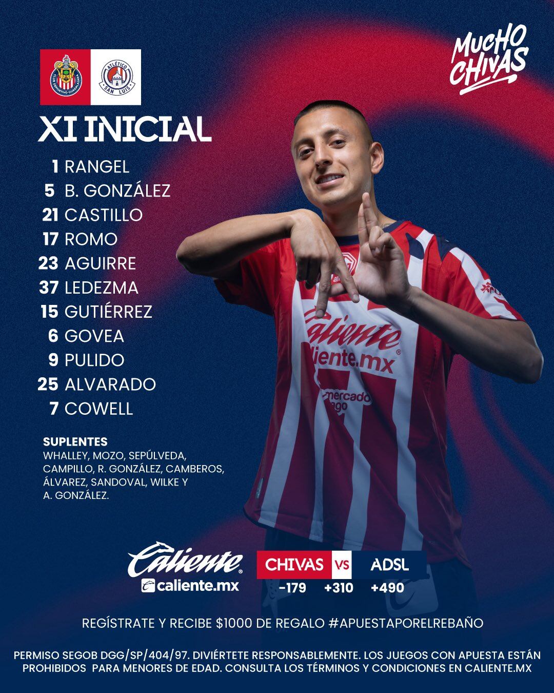 Alineación del Guadalajara para su partido contra San Luis. Imagen cuenta de X @Chivas.