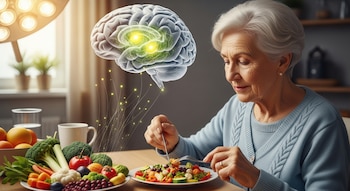 Mujer mayor canosa comiendo una ensalada colorida. Un cerebro traslúcido con áreas iluminadas flota sobre su cabeza, conectado por haces de luz con la comida.