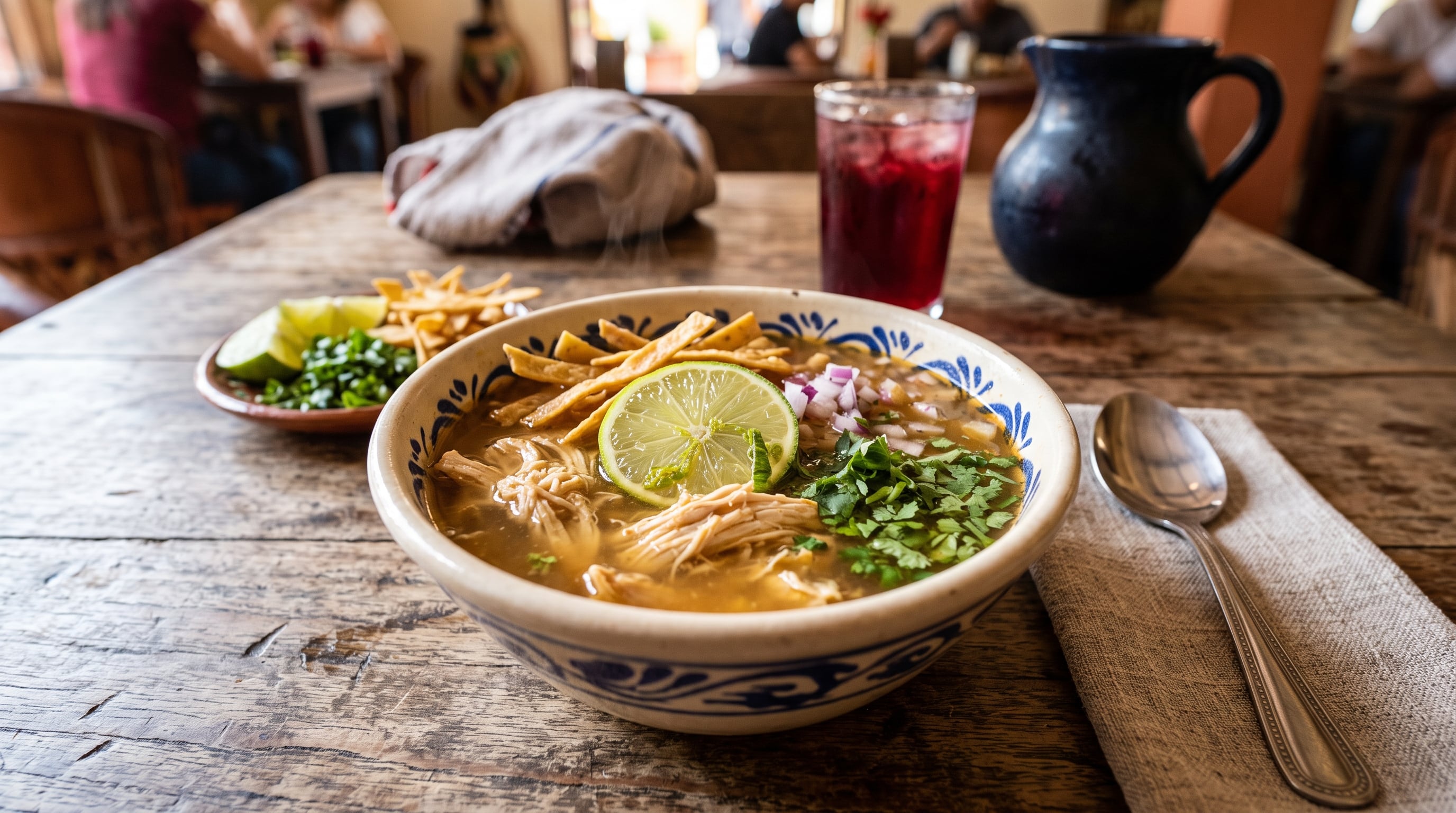 Un tazón de sopa de lima con pollo deshebrado, cilantro y cebolla morada reposa sobre una mesa de madera en un restaurante. (Imagen Ilustrativa Infobae)