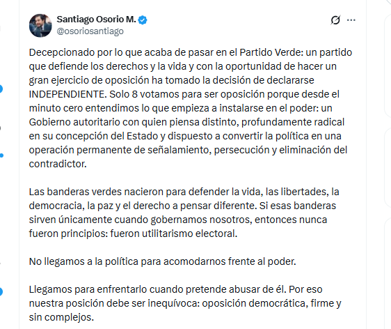 El congresista Santiago Osorio calificó como