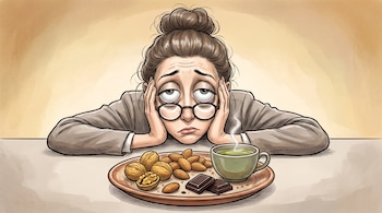 Dibujo de una mujer con anteojos que apoya la cabeza en sus manos ante un plato con nueces, almendras, chocolate y una taza de té con vapor.