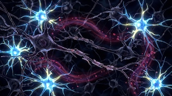 Visualización microscópica de neuronas motoras dañadas y células gliales luminosas en tonos azul y amarillo sobre un fondo oscuro con partículas rojas y líneas onduladas.