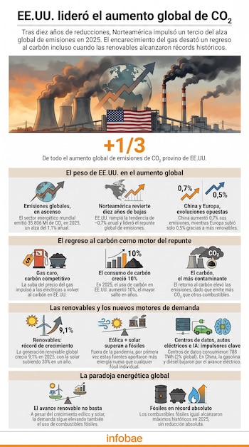 Infografía vertical con secciones que muestran datos sobre emisiones de CO₂, combustibles fósiles, energía renovable y demanda energética global.