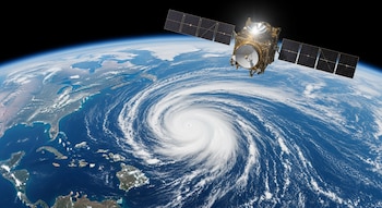 Un satélite con paneles solares se encuentra sobre el planeta Tierra, donde se ve una gran formación de nubes blancas en espiral sobre el océano.